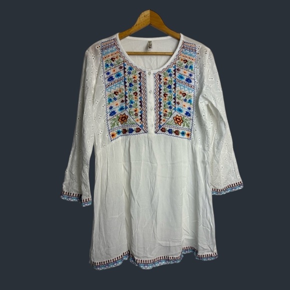Shoreline Tops - Shoreline Embroidered White Boho Top Blouse Long Sleeve Lightweight Size M